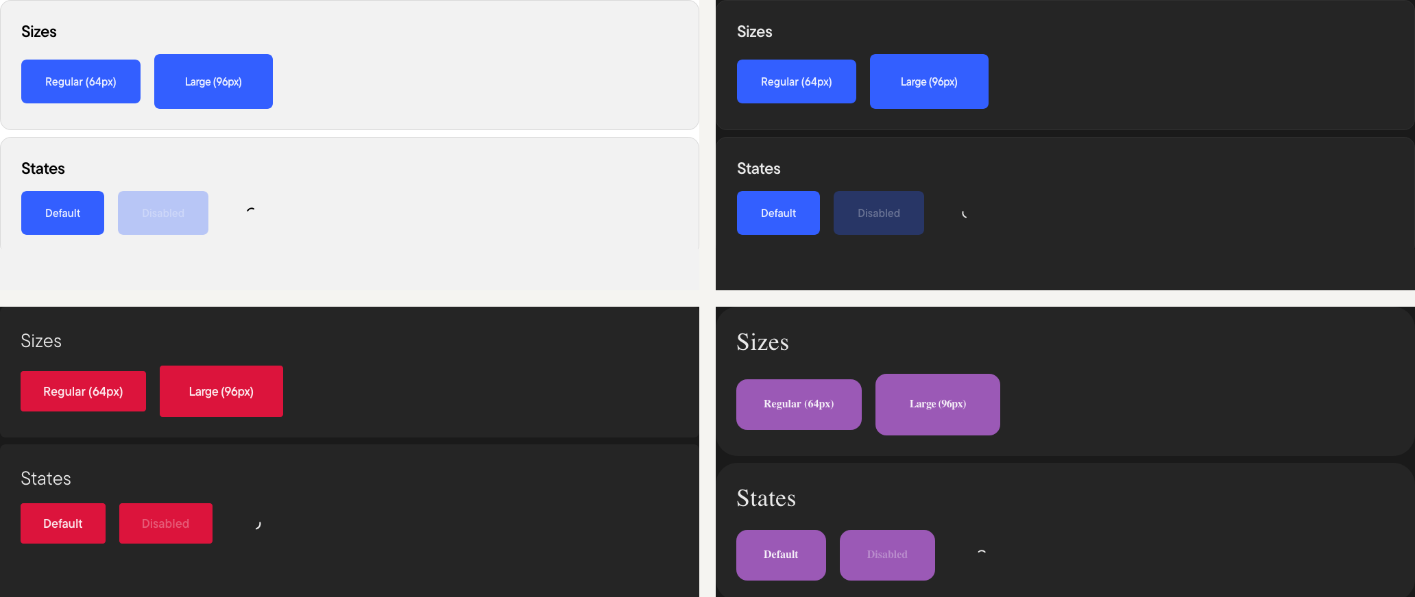 The same button component in three brands and two themes