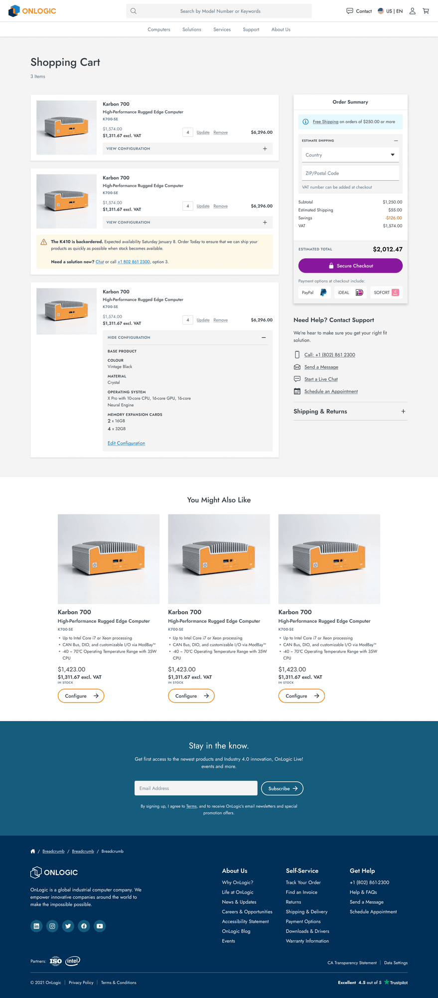 OnLogic Shopping Cart — configured items with expandable detail