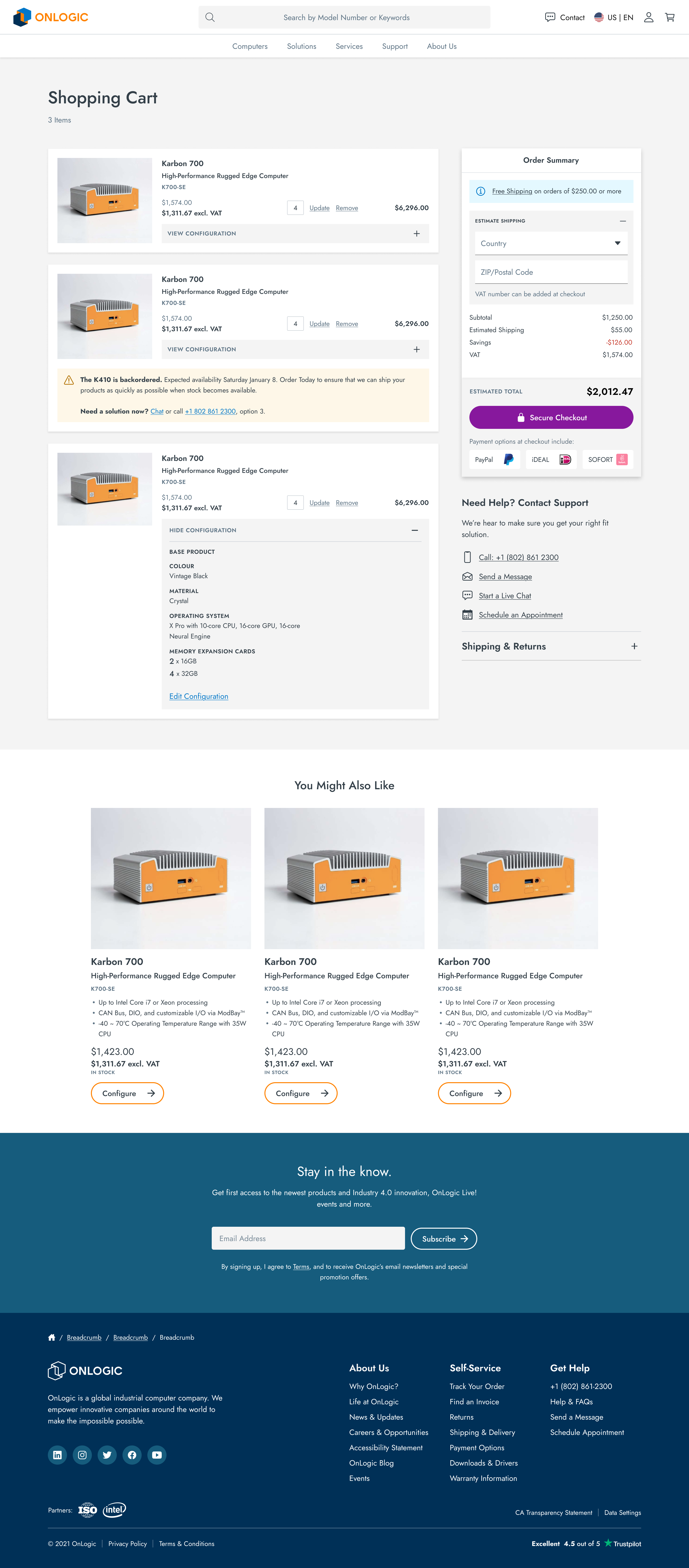 OnLogic Shopping Cart — configured items with expandable detail