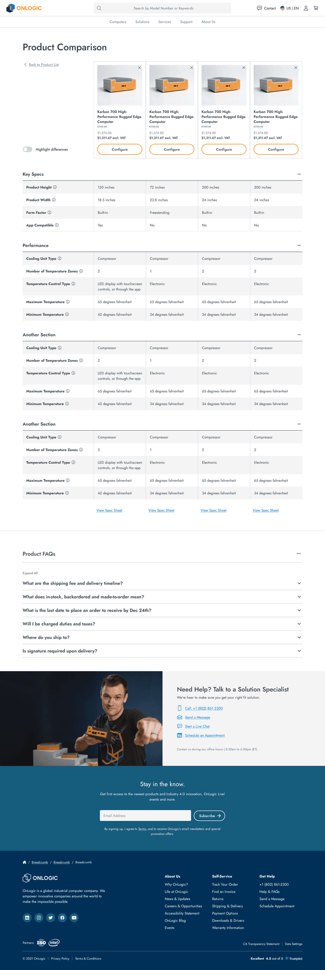 OnLogic Product Comparison — side-by-side spec comparison across models