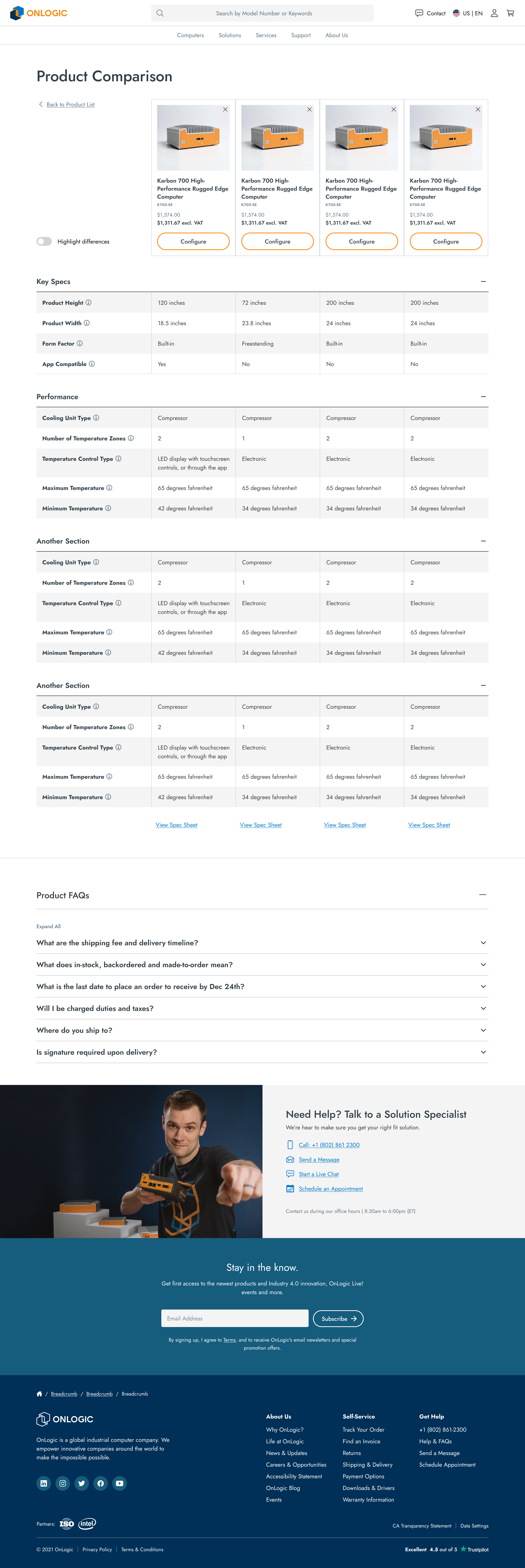 OnLogic Product Comparison — side-by-side spec comparison across models