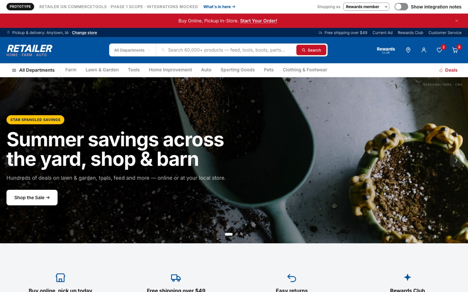 The same prototype a day later with the design kit applied: the retailer’s blue header, a red promotion banner and a full-width photographic hero