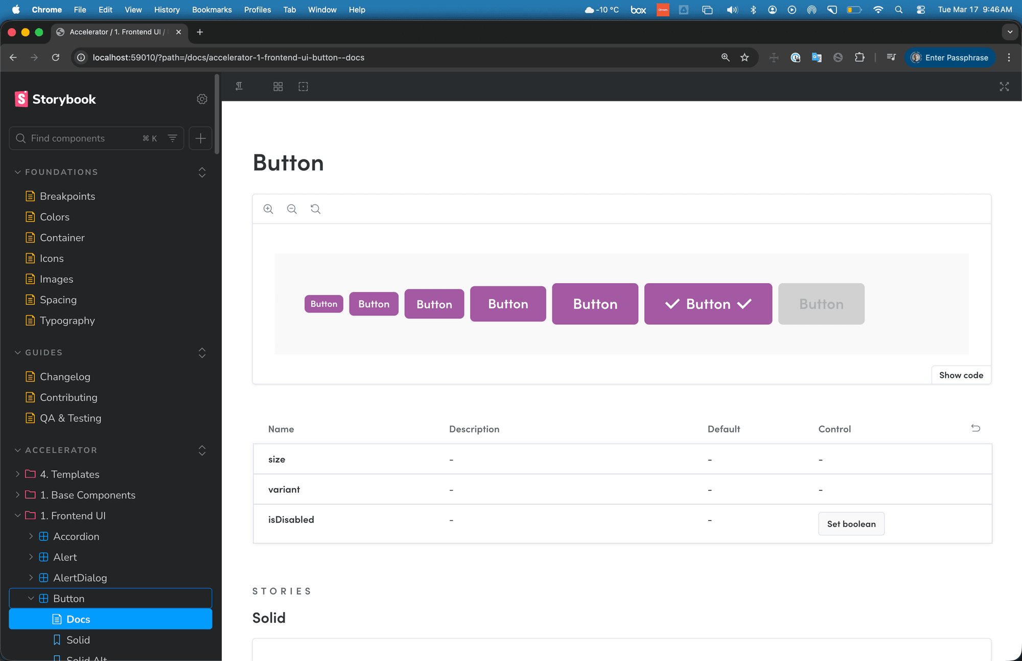 Button component — all variants and states