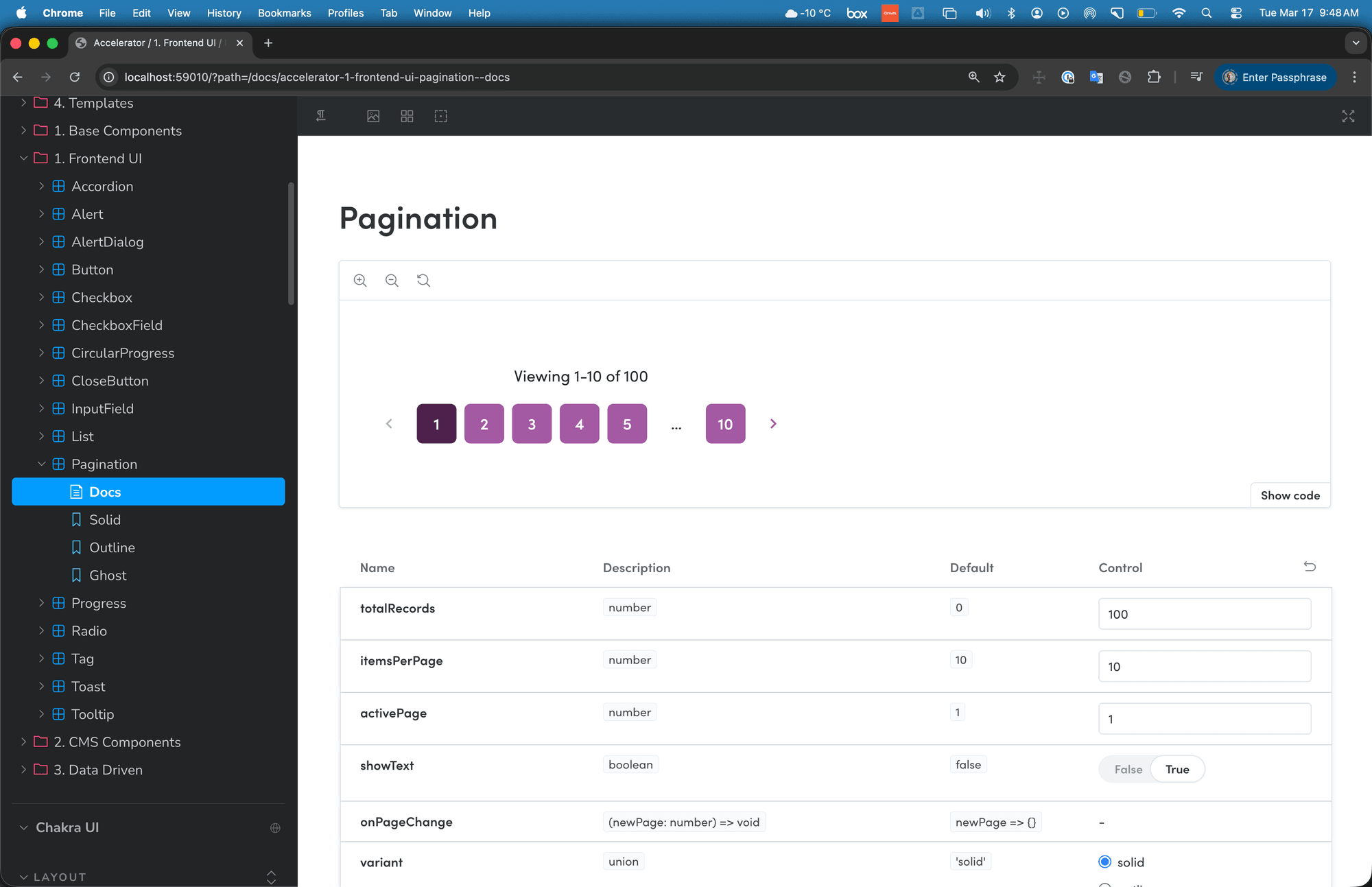 Pagination component — variants and controls