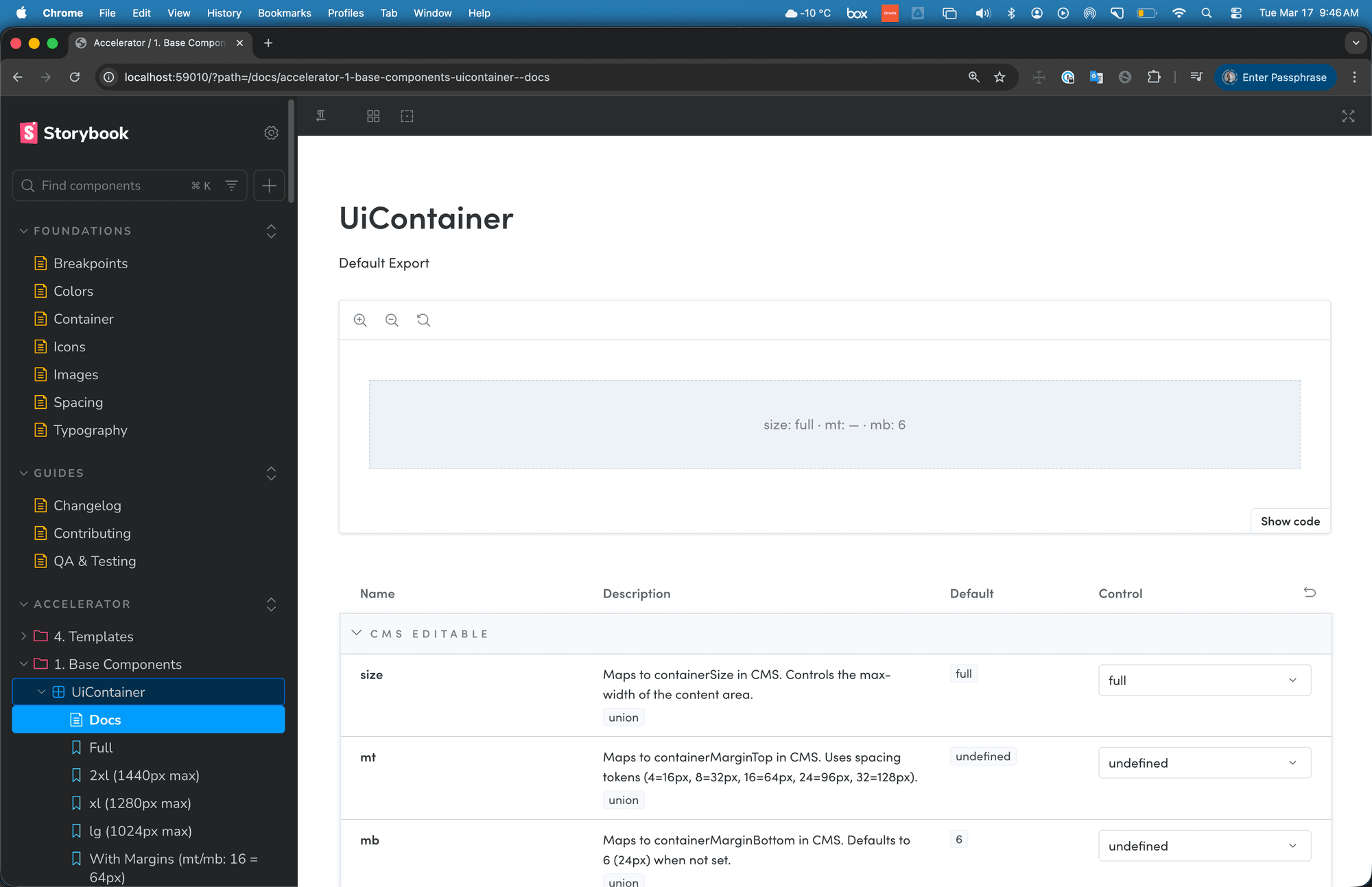 UiContainer component — CMS-editable props