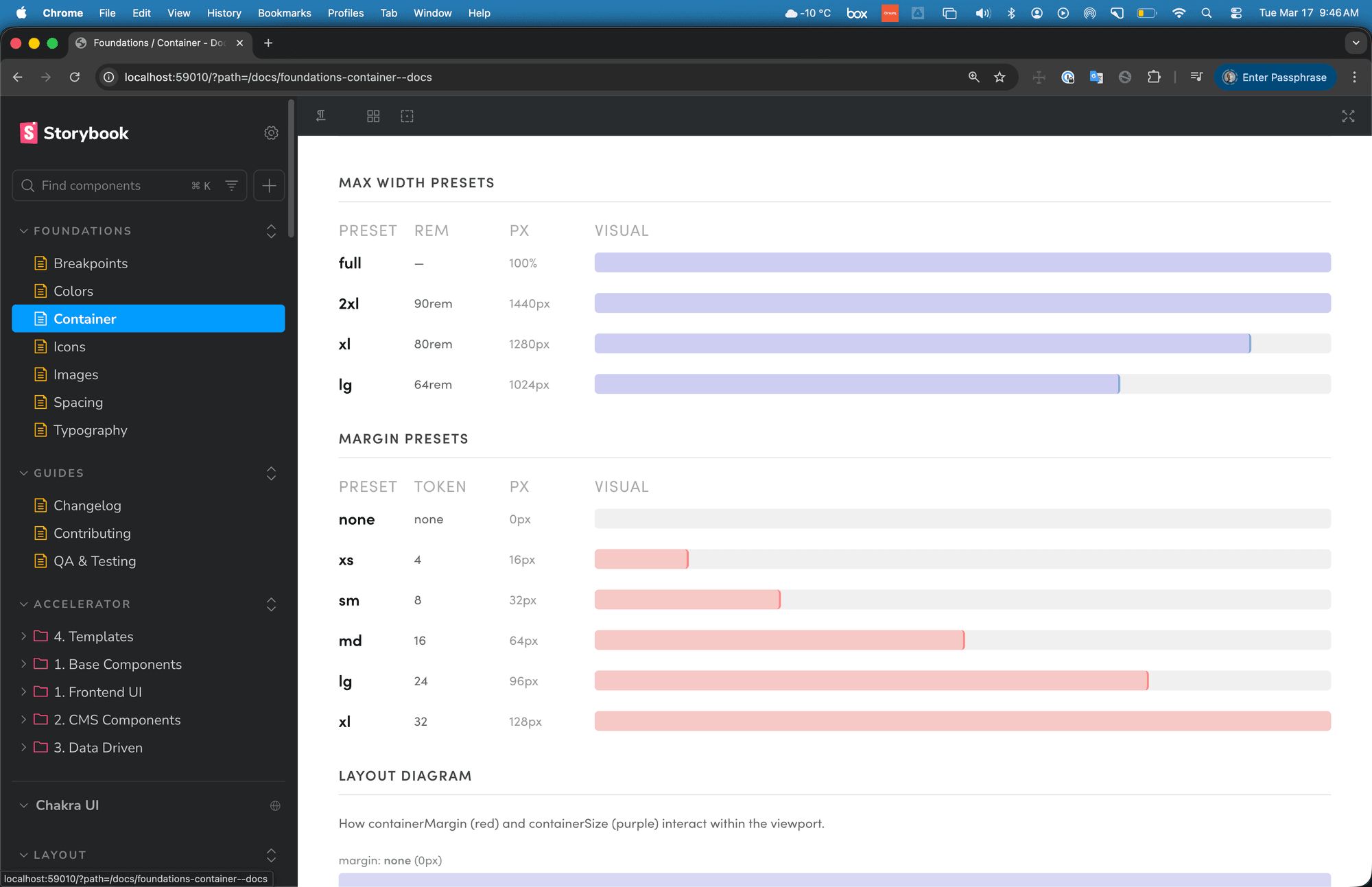 Foundations — Container max-width and margin presets