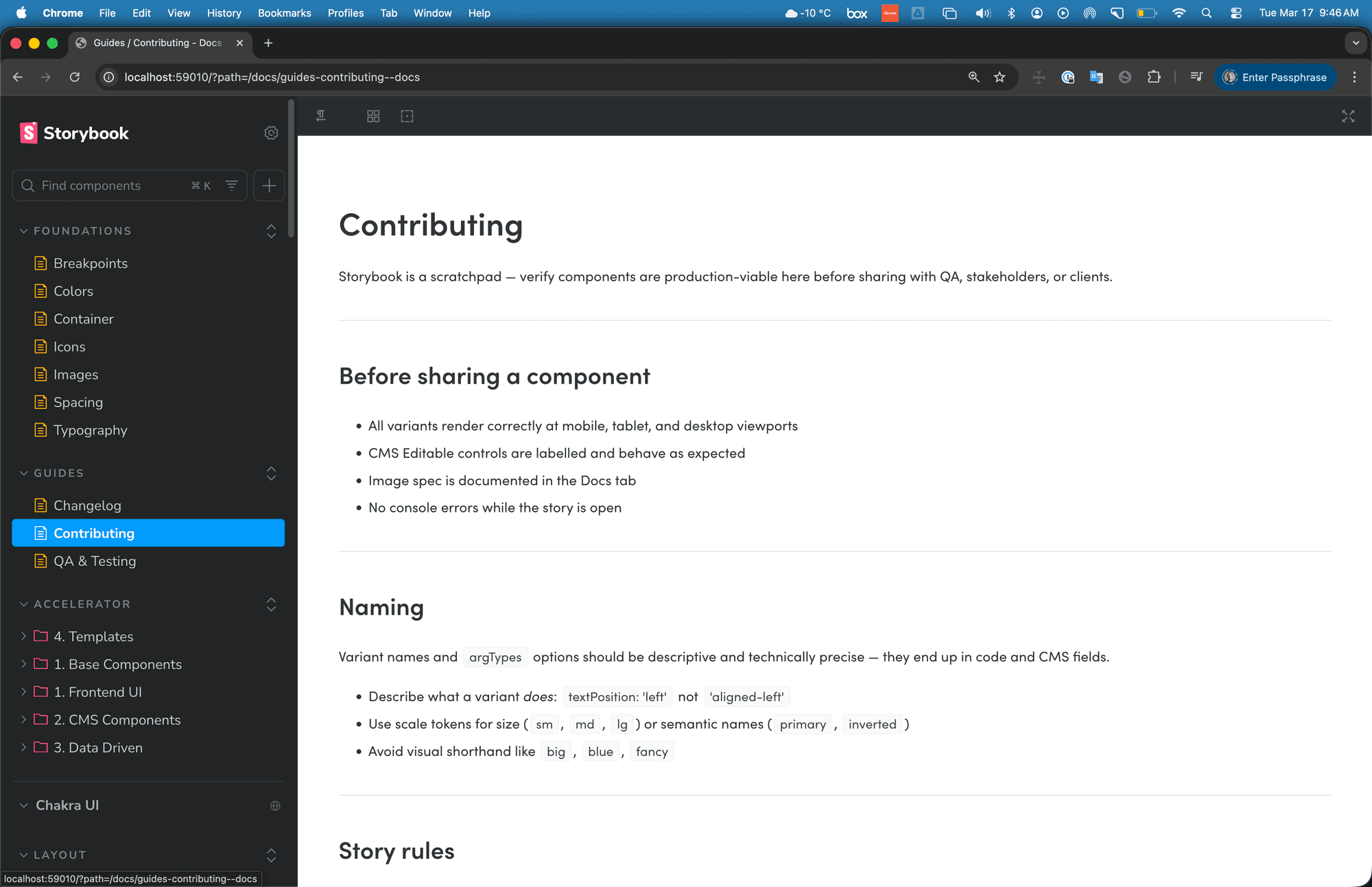 Contributing guide — story rules and naming conventions